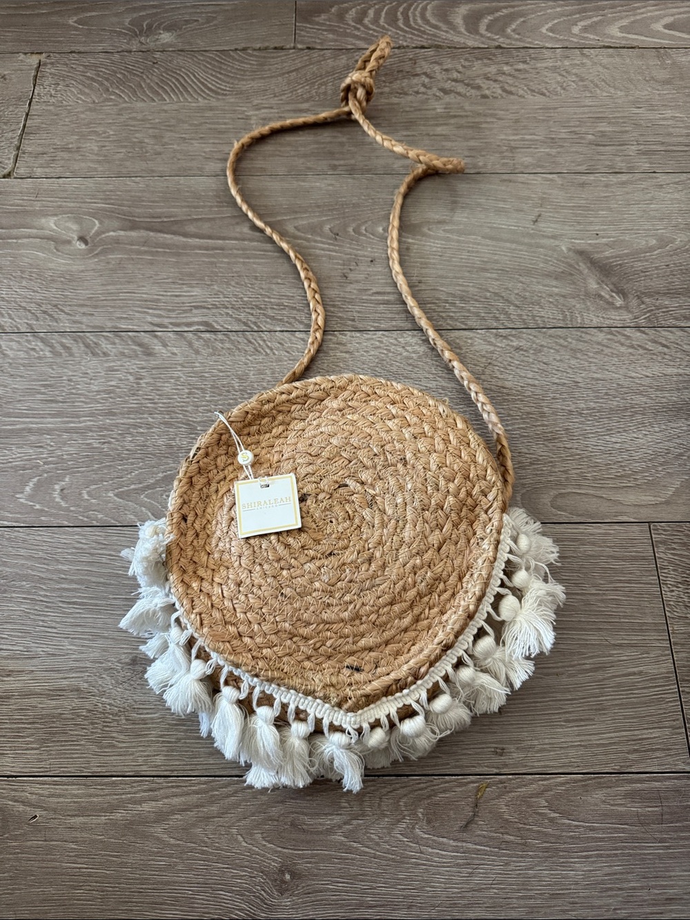 Shiraleah Round Woven Tassel Crossbody Bag - Natural and Cream